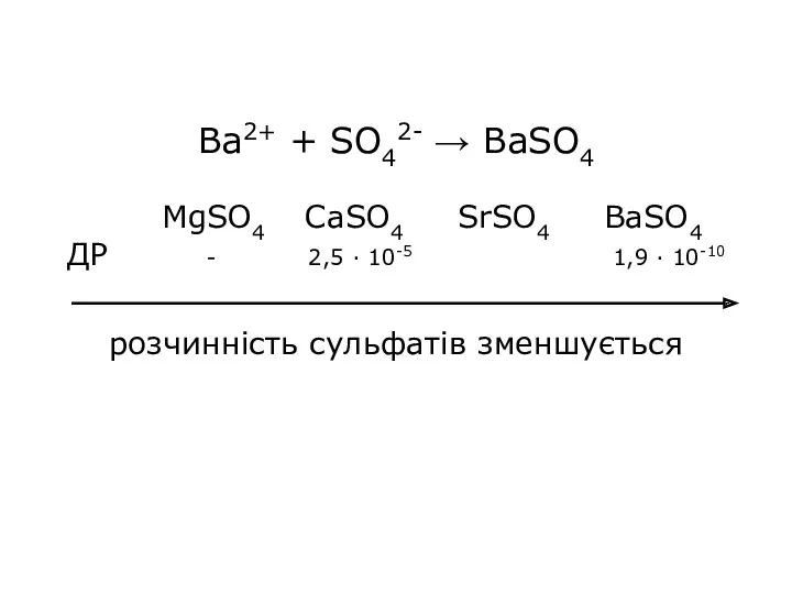 Ba2+ + SO42- → BaSO4 MgSO4 CaSO4 SrSO4 BaSO4 ДР