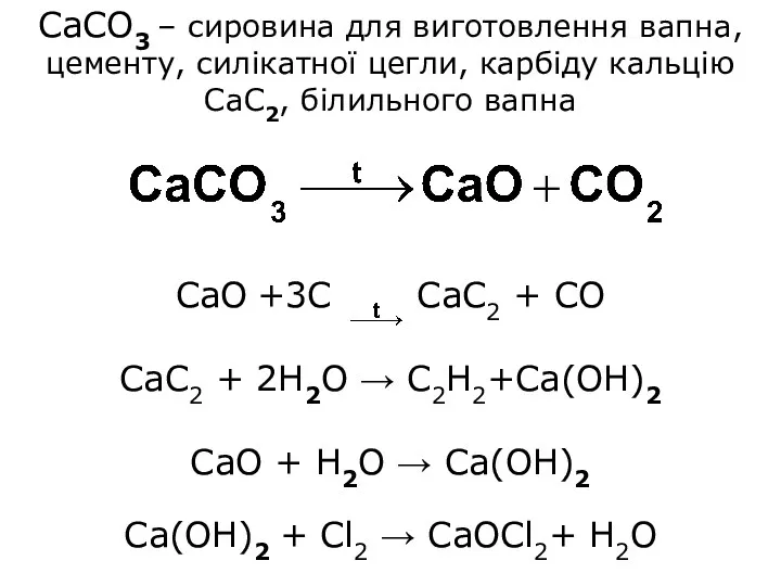 CaCO3 – сировина для виготовлення вапна, цементу, силікатної цегли, карбіду
