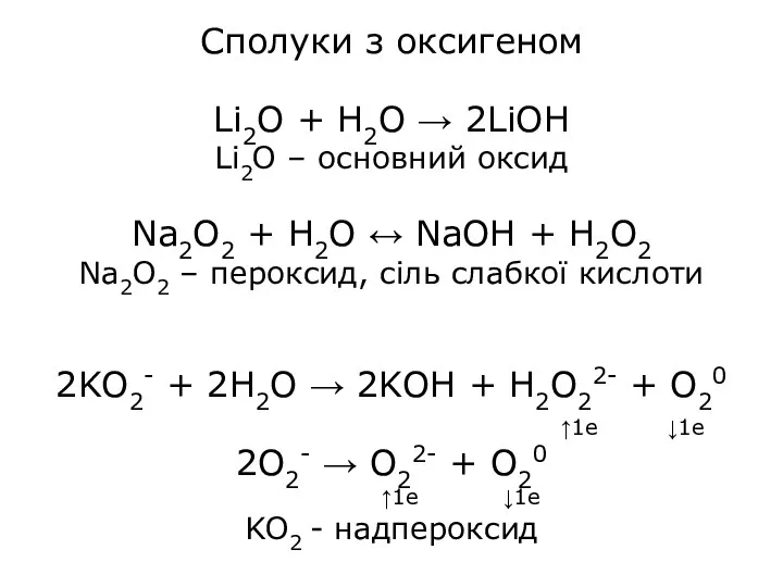 Сполуки з оксигеном Li2O + H2O → 2LiOH Li2O –