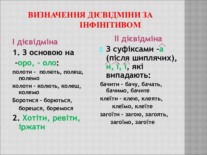 ВИЗНАЧЕННЯ ДІЄВІДМІНИ ЗА ІНФІНІТИВОМ І дієвідміна 1. З основою на