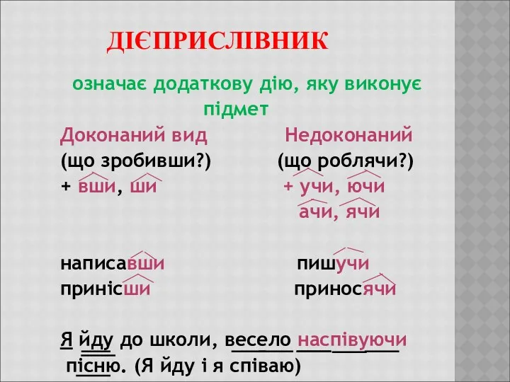 ДІЄПРИСЛІВНИК означає додаткову дію, яку виконує підмет Доконаний вид Недоконаний