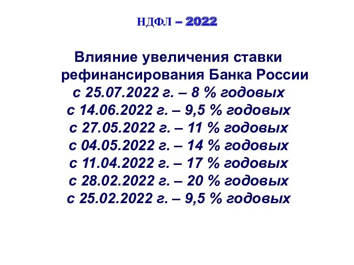 НДФЛ – 2022 Влияние увеличения ставки рефинансирования Банка России с