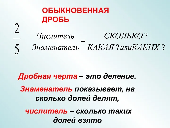 ОБЫКНОВЕННАЯ ДРОБЬ Дробная черта – это деление. Знаменатель показывает, на