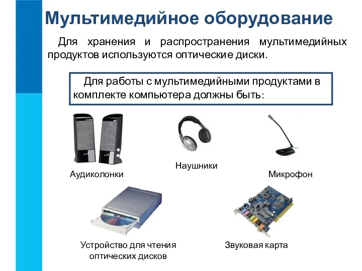 Для работы с мультимедийными продуктами в комплекте компьютера должны быть: