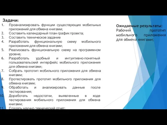 Ожидаемые результаты: Рабочий прототип мобильного приложения для обмена книгами; Задачи: Проанализировать функции существующих