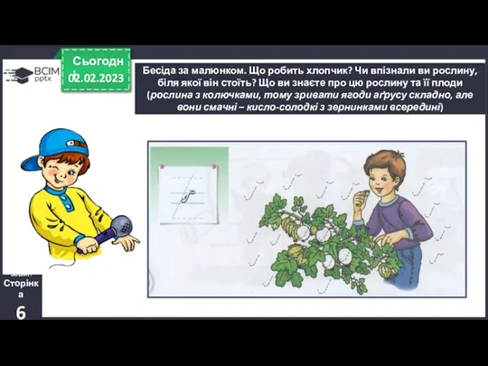 02.02.2023 Сьогодні Бесіда за малюнком. Що робить хлопчик? Чи впізнали