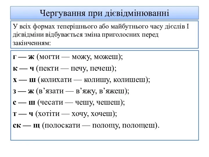 Чергування при дієвідмінюванні г — ж (могти — можу, можеш);