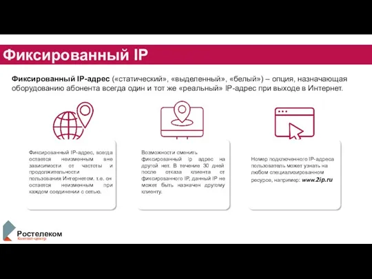 Фиксированный IP Фиксированный IP-адрес («статический», «выделенный», «белый») – опция, назначающая