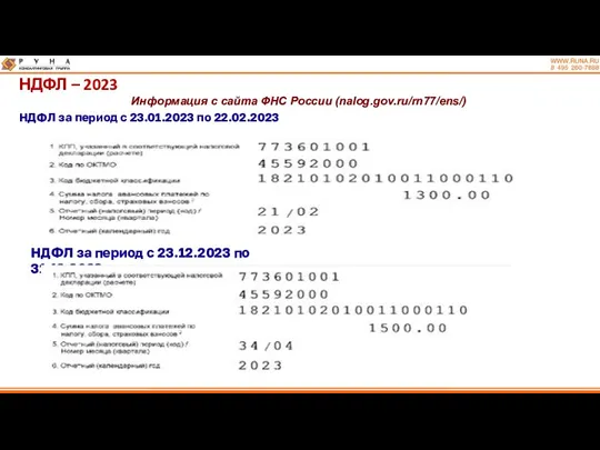 НДФЛ – 2023 Информация с сайта ФНС России (nalog.gov.ru/rn77/ens/) НДФЛ