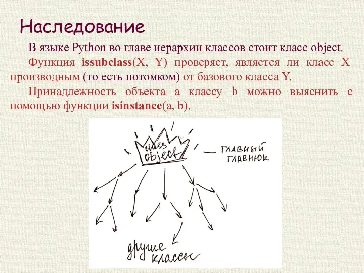 Наследование В языке Python во главе иерархии классов стоит класс object. Функция issubclass(X,