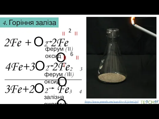 4. Горіння заліза https://www.youtube.com/watch?v=A7j14otCdyY Fe + О2 Fe О II
