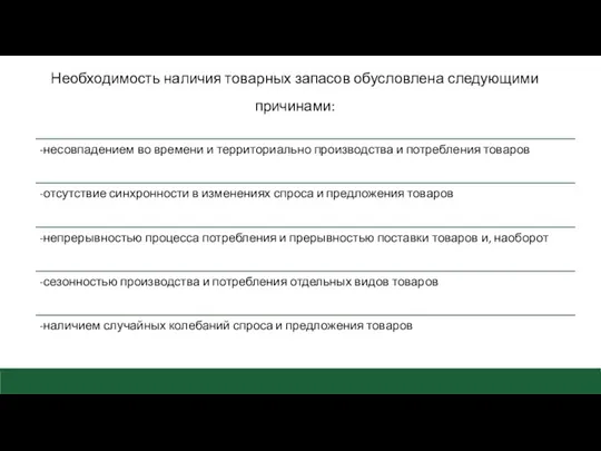 Необходимость наличия товарных запасов обусловлена следующими причинами: