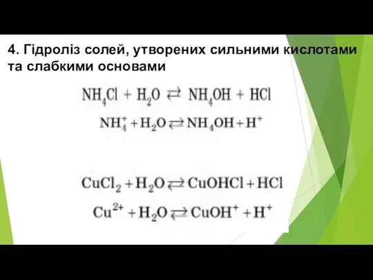 4. Гідроліз солей, утворених сильними кислотами та слабкими основами