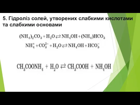 5. Гідроліз солей, утворених слабкими кислотами та слабкими основами