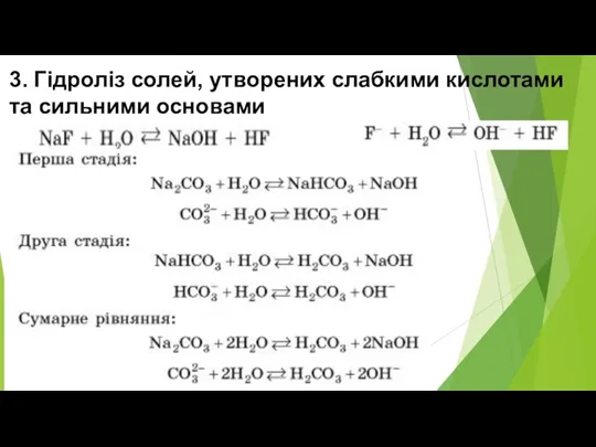 3. Гідроліз солей, утворених слабкими кислотами та сильними основами