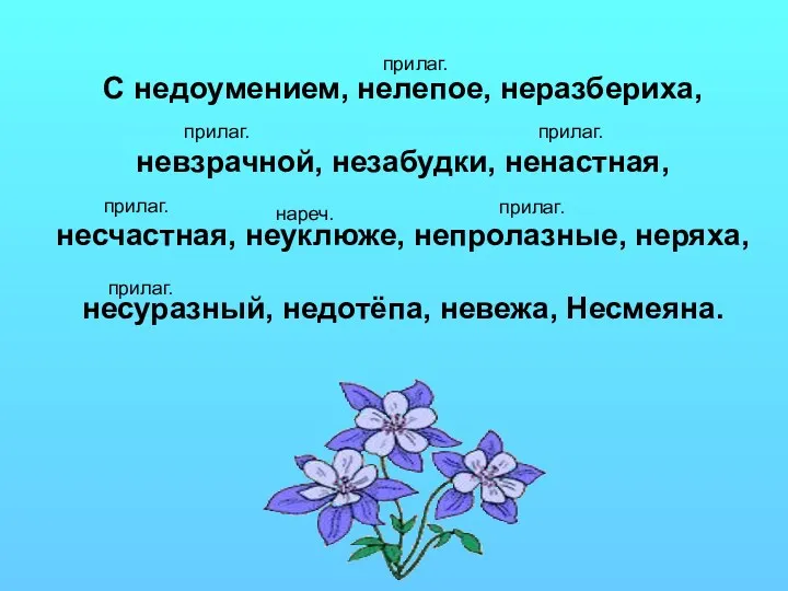 С недоумением, нелепое, неразбериха, невзрачной, незабудки, ненастная, несчастная, неуклюже, непролазные,