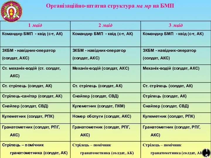 Організаційно-штатна структура мв мр на БМП 15