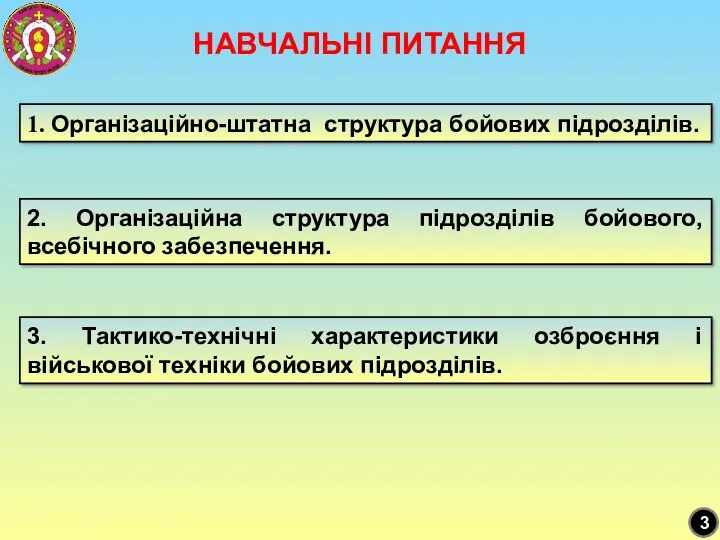 НАВЧАЛЬНІ ПИТАННЯ 1. Організаційно-штатна структура бойових підрозділів. 3. Тактико-технічні характеристики