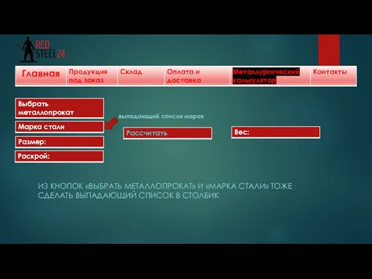 выпадающий список марок ИЗ КНОПОК «ВЫБРАТЬ МЕТАЛЛОПРОКАТ» И «МАРКА СТАЛИ» ТОЖЕ СДЕЛАТЬ ВЫПАДАЮЩИЙ СПИСОК В СТОЛБИК