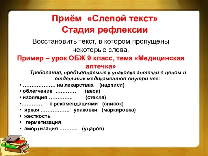 Приём «Слепой текст» Стадия рефлексии Восстановить текст, в котором пропущены некоторые слова. Пример