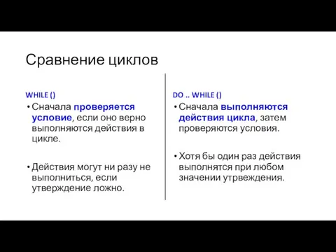 Сравнение циклов WHILE () Сначала проверяется условие, если оно верно