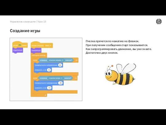 Создание игры Управление клавишами | Урок 15 Пчелка прячется по нажатию на флажок.