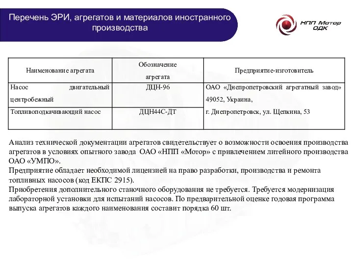 Анализ технической документации агрегатов свидетельствует о возможности освоения производства агрегатов