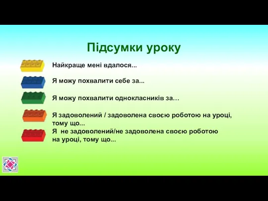 Підсумки уроку Найкраще мені вдалося... Я можу похвалити себе за...