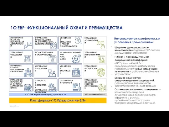 1С:ERP: ФУНКЦИОНАЛЬНЫЙ ОХВАТ И ПРЕИМУЩЕСТВА • Инновационная платформа для управления