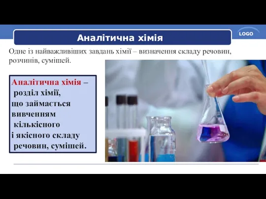 Аналітична хімія Одне із найважливіших завдань хімії – визначення складу