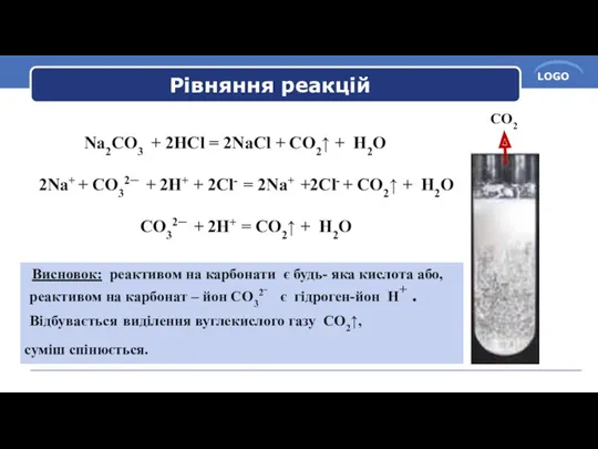 Рівняння реакцій Na2СО3 + 2НCl = 2NaCl + СО2↑ +