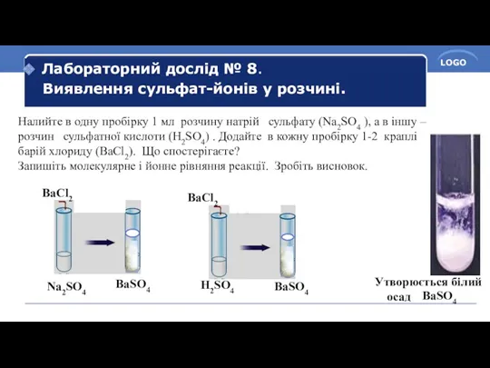 Лабораторний дослід № 8. Виявлення сульфат-йонів у розчині. Налийте в