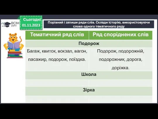 01.11.2023 Сьогодні Порівняй і запиши ряди слів. Склади історію, використовуючи слова одного тематичного ряду