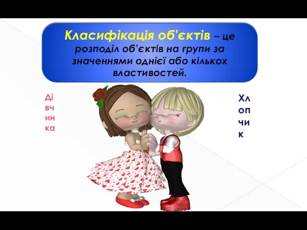 Класифікація об'єктів – це розподіл об’єктів на групи за значеннями однієї або кількох властивостей. Дівчинка Хлопчик