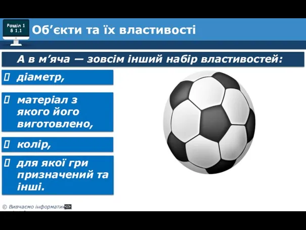 А в м’яча — зовсім інший набір властивостей: Об’єкти та