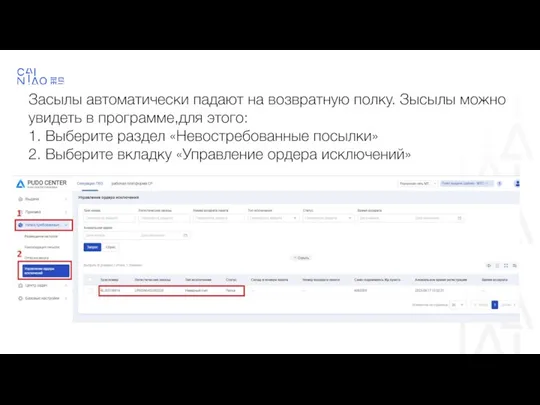 Засылы автоматически падают на возвратную полку. Зысылы можно увидеть в