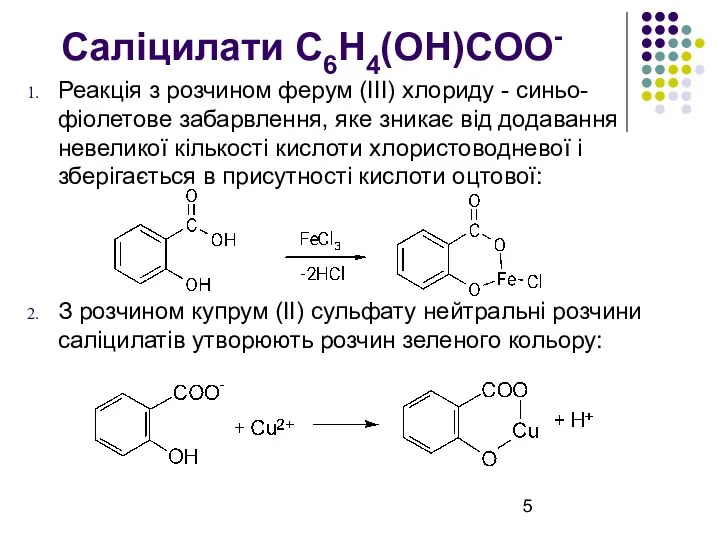 Саліцилати C6H4(OH)COO- Реакція з розчином ферум (III) хлориду - синьо-фіолетове