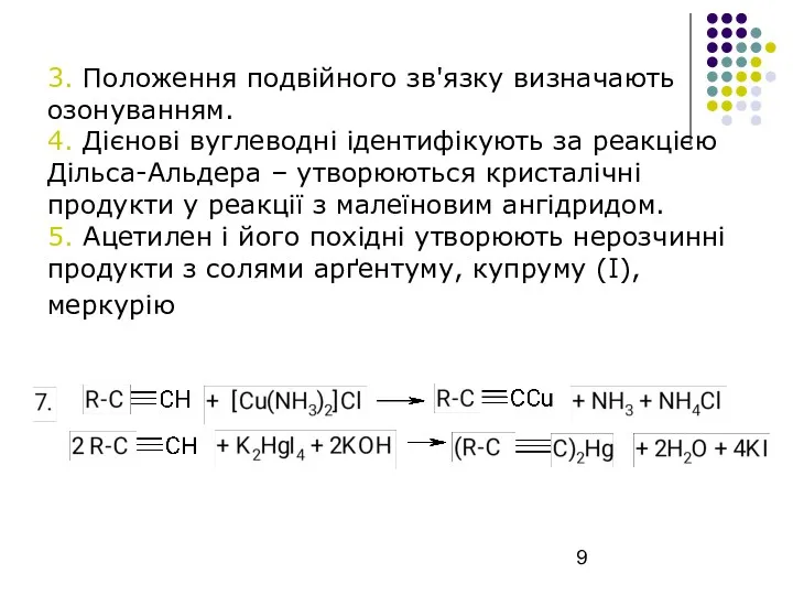 3. Положення подвійного зв'язку визначають озонуванням. 4. Дієнові вуглеводні ідентифікують