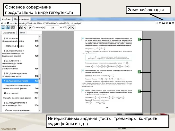 Основное содержание представлено в виде гипертекста Заметки/закладки Интерактивные задания (тесты, тренажеры, контроль, аудиофайлы и т.д. )