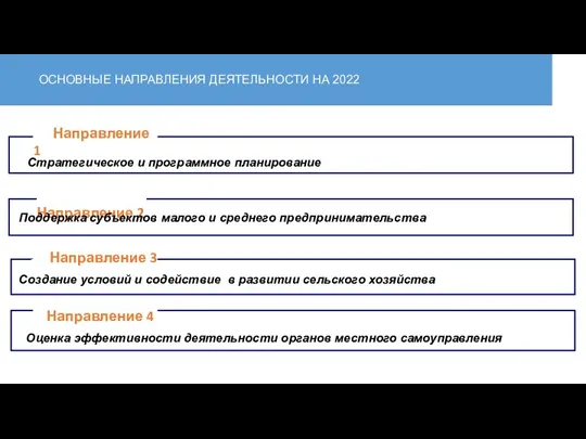 ОСНОВНЫЕ НАПРАВЛЕНИЯ ДЕЯТЕЛЬНОСТИ НА 2022 Стратегическое и программное планирование Направление