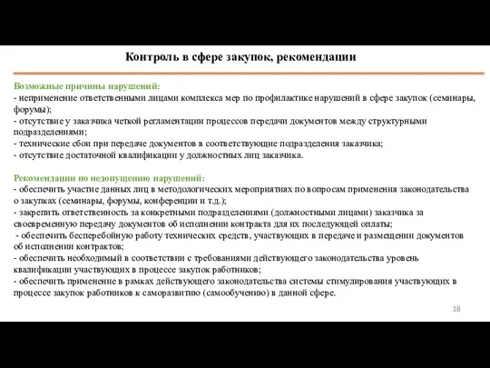 5 Контроль в сфере закупок, рекомендации Возможные причины нарушений: -