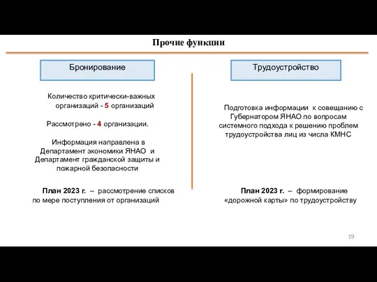 5 Прочие функции Бронирование Трудоустройство Количество критически-важных организаций - 5