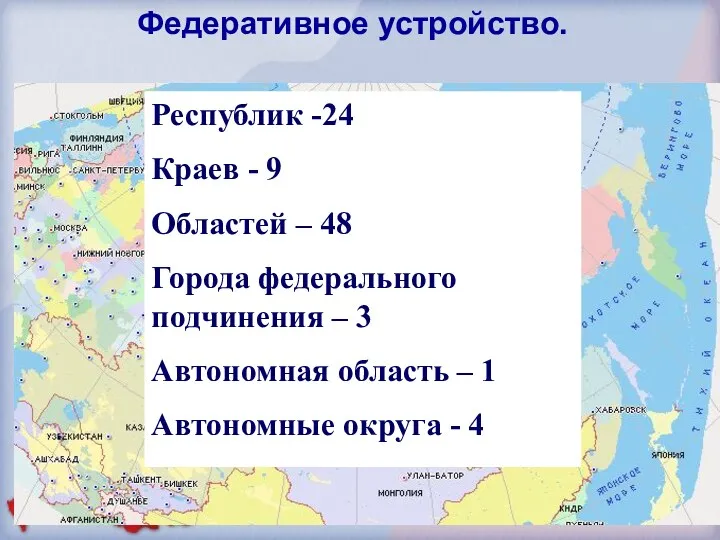 Федеративное устройство. Республик -24 Краев - 9 Областей – 48 Города федерального подчинения