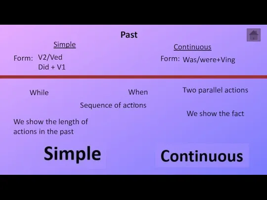 Past Simple Continuous Form: Form: Simple Continuous V2/Ved Did +
