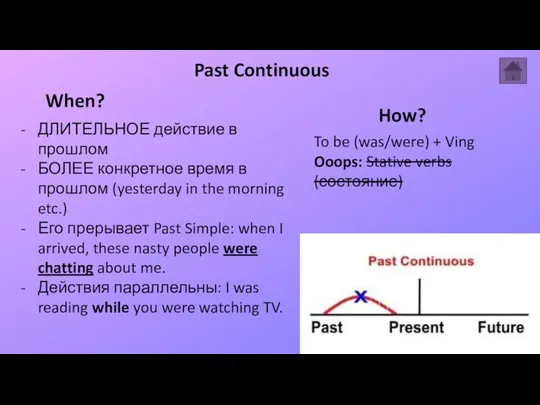 Past Continuous To be (was/were) + Ving Ooops: Stative verbs