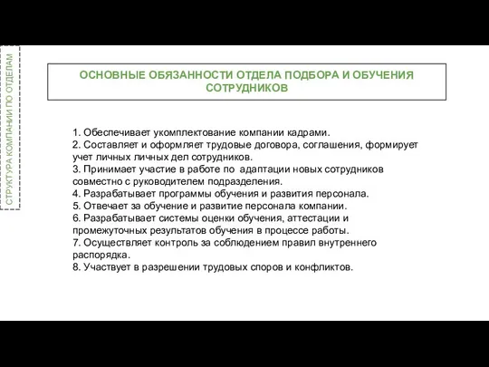 ОСНОВНЫЕ ОБЯЗАННОСТИ ОТДЕЛА ПОДБОРА И ОБУЧЕНИЯ СОТРУДНИКОВ СТРУКТУРА КОМПАНИИ ПО