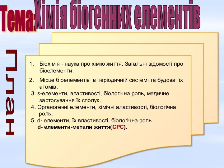 Тема: План Біохімія - наука про хімію життя. Загальні відомості