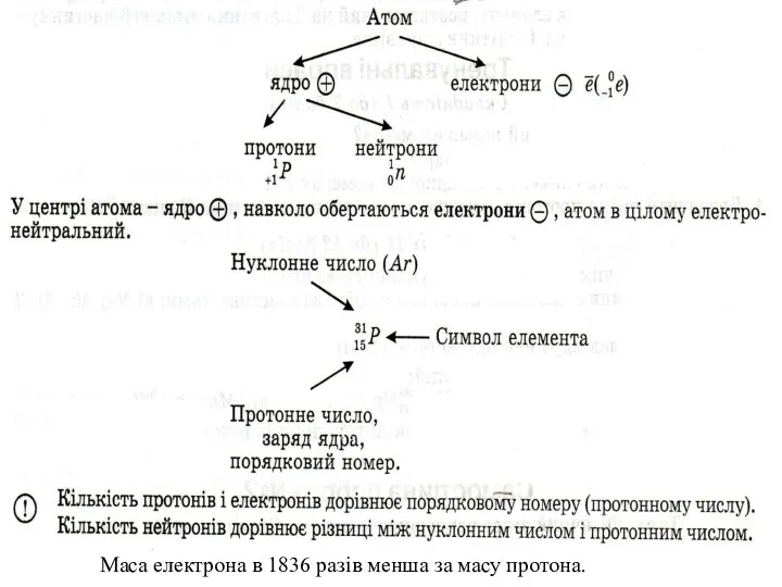Маса електрона в 1836 разів менша за масу протона.