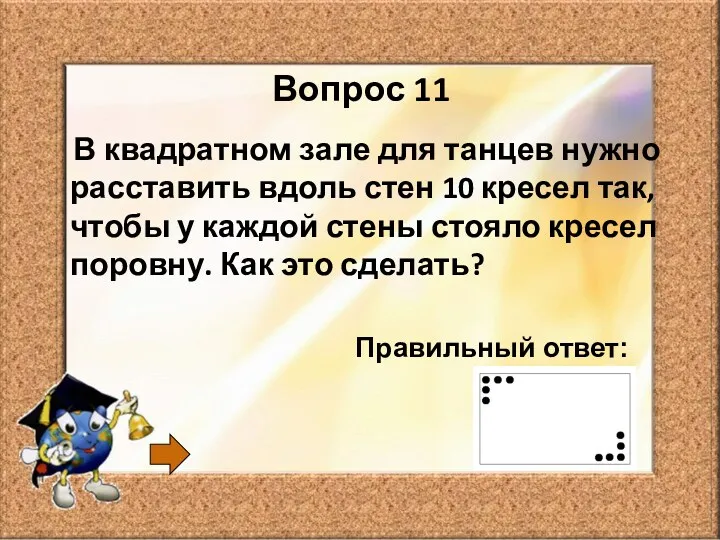 Вопрос 11 В квадратном зале для танцев нужно расставить вдоль