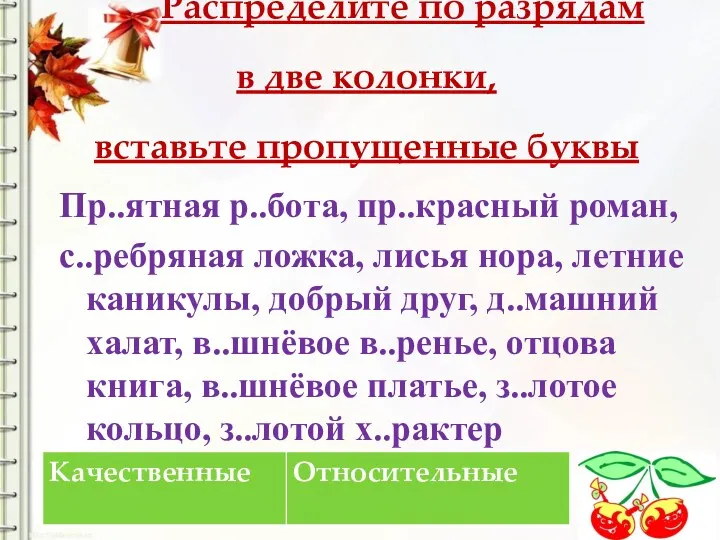 Распределите по разрядам в две колонки, вставьте пропущенные буквы Пр..ятная